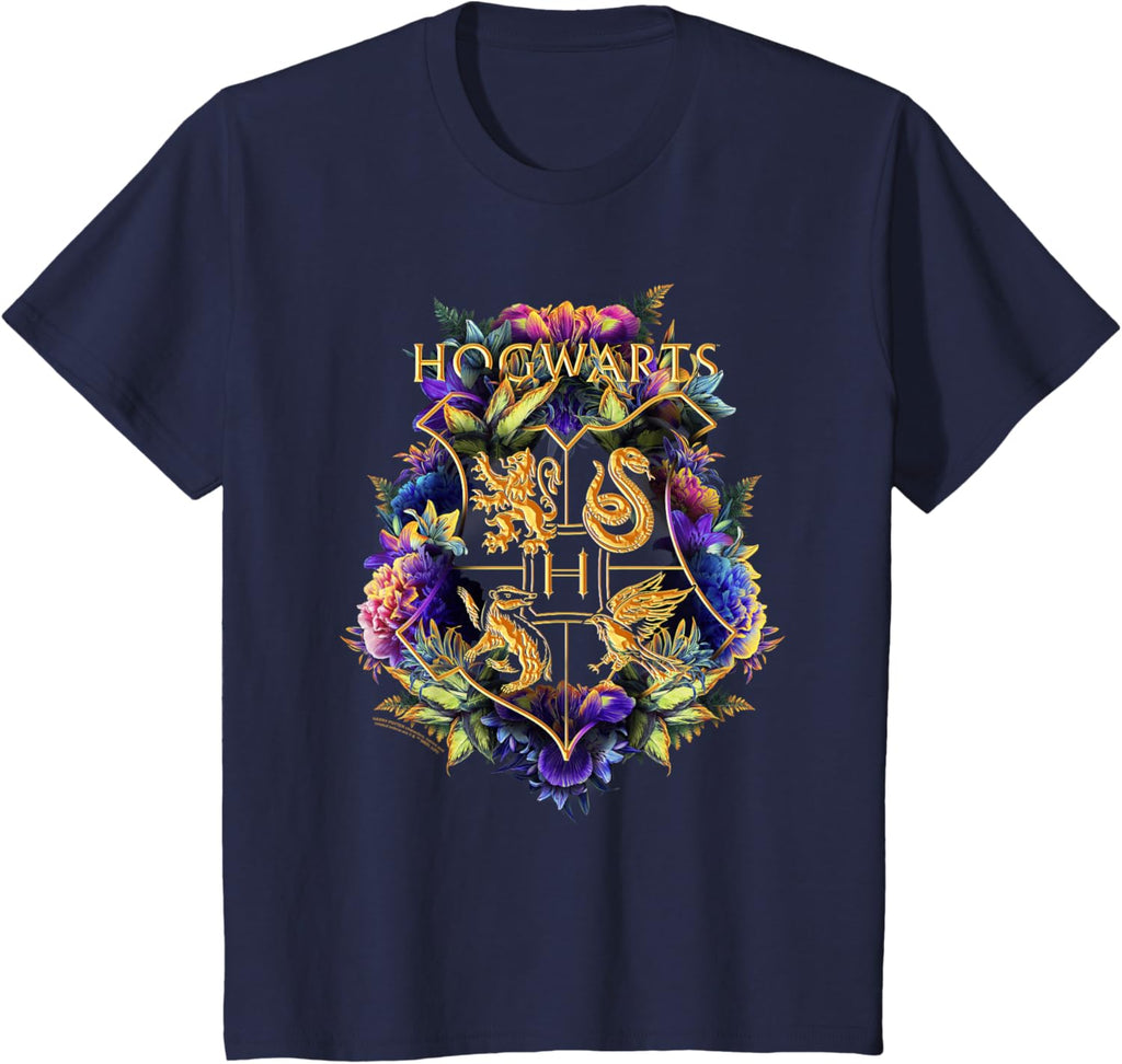 Harry Potter Hogwarts Multi-Colored Floral Crest T-Shirt