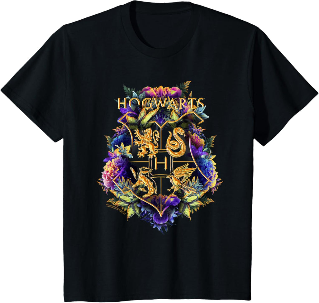Harry Potter Hogwarts Multi-Colored Floral Crest T-Shirt