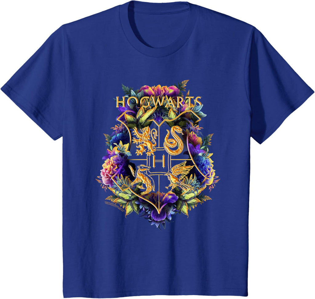 Harry Potter Hogwarts Multi-Colored Floral Crest T-Shirt