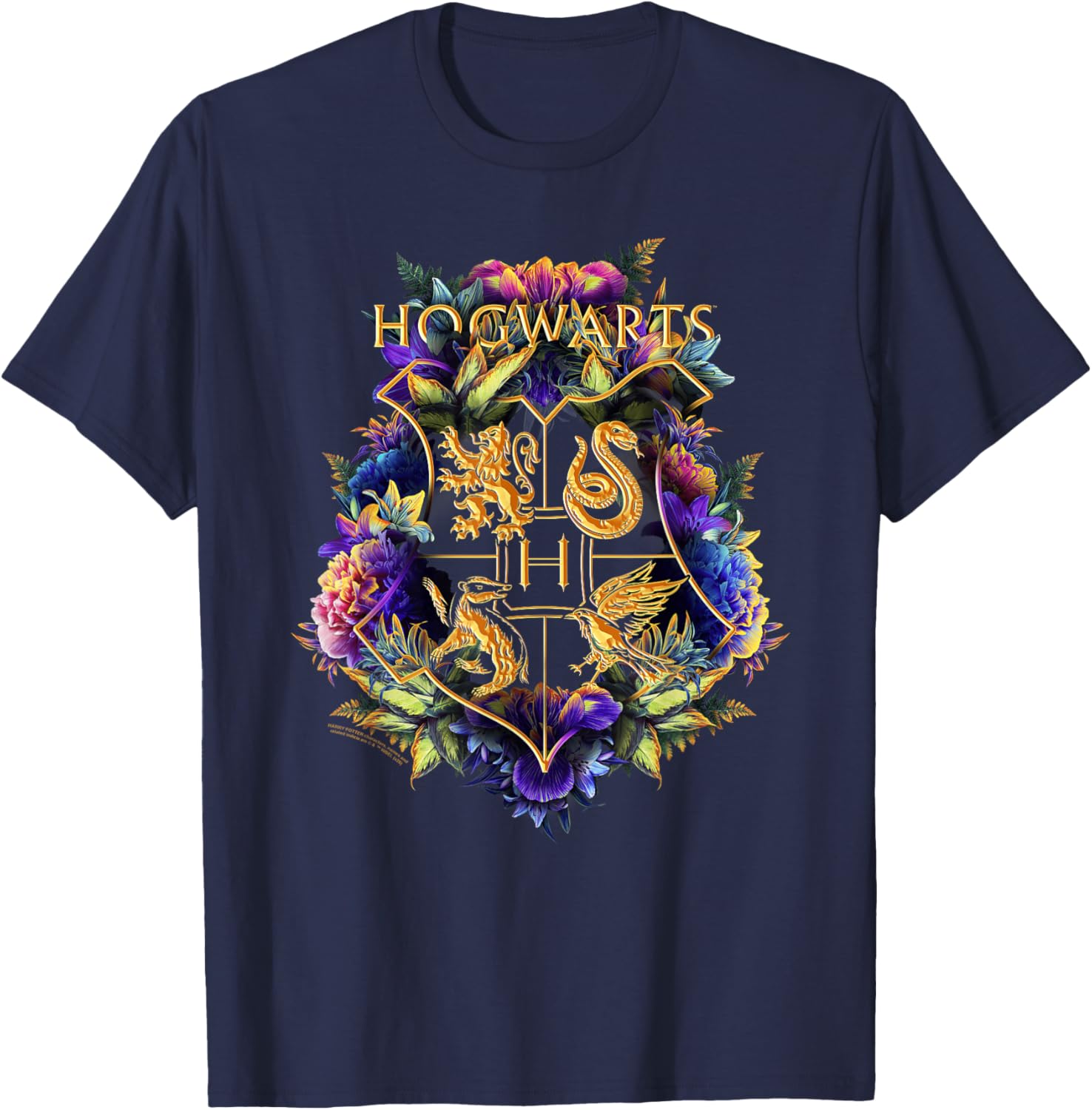 Harry Potter Hogwarts Multi-Colored Floral Crest T-Shirt